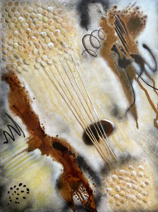 An abstract neutral-colored musical instruments with strings flowing with honey from a honeycomb.
